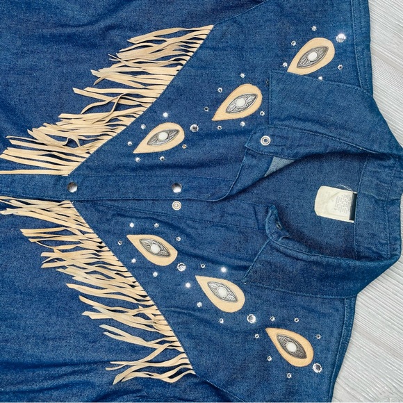 Iif vintage 80s tassel western blue jean button up long sleeve shirt petit - Picture 2 of 5